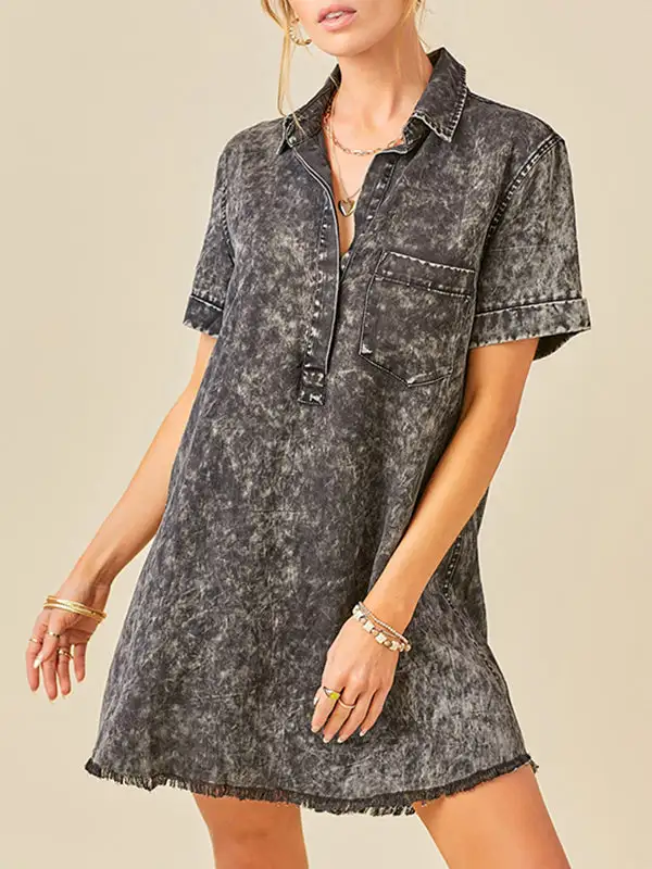 A Line Relaxed Fringed Pleated Pocket Split Joint Lapel Mini Dress