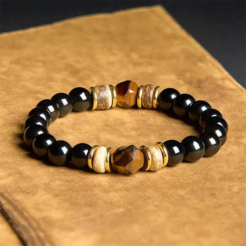 Obsidian Beads Sectional Tiger Eye Stone Bracelet