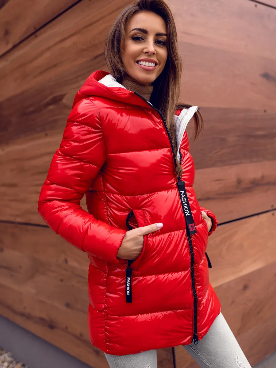 women's red quilted winter jacket with hood
