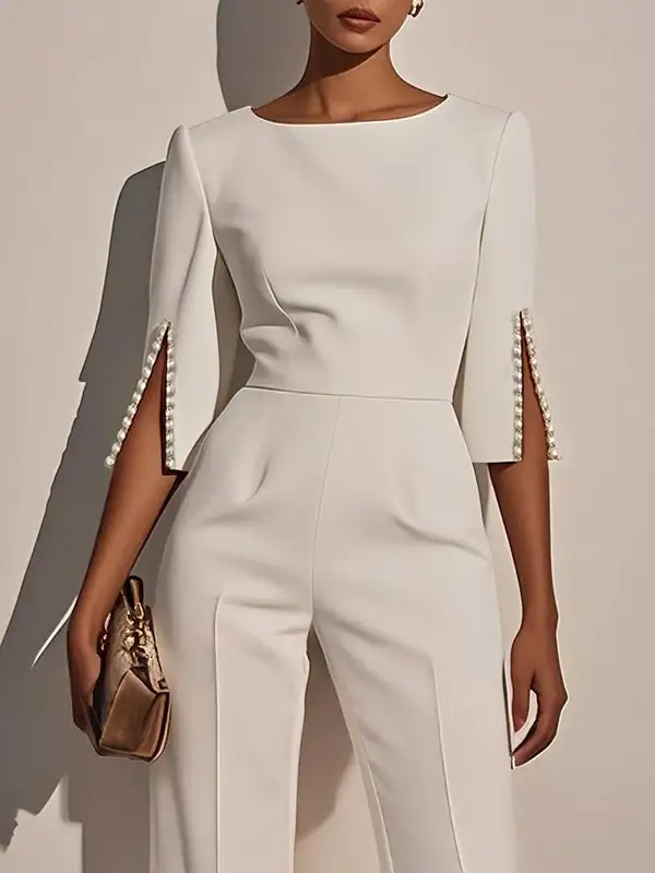Losse Effen Kleur Split Joint Jumpsuits Met Ronde