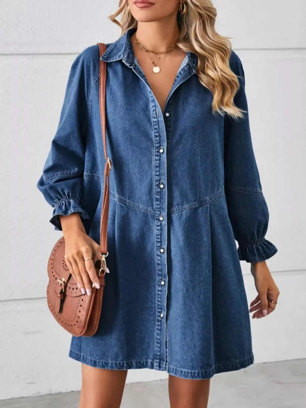 Gathered Detail Denim Button Front Ruffle Dress