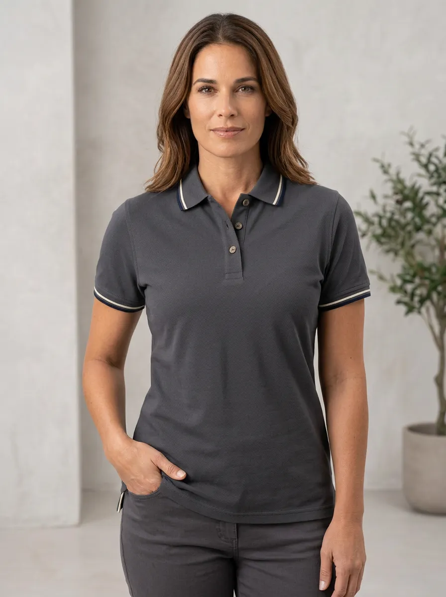 Women's Casual Minimalist Charcoal Striped Trim Polo Shirt