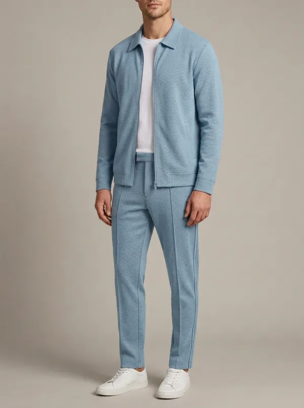 Men's Classic Textured Zip-Up Minimal Polo Collar Jacket and Jogger Pants Set