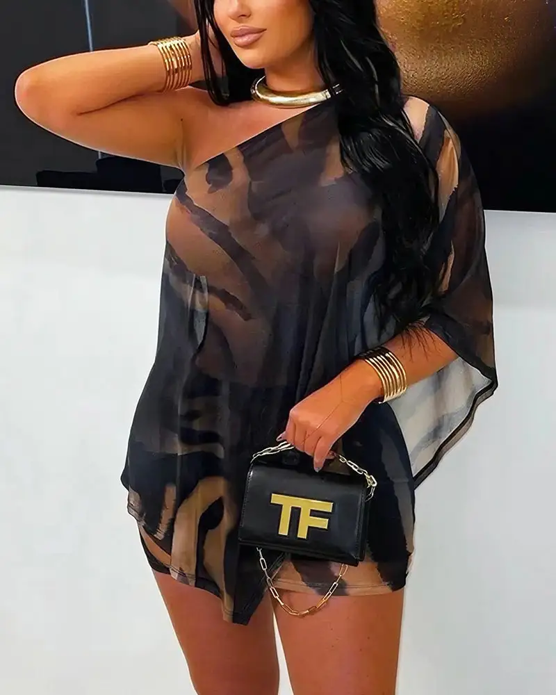Sheer Asymmetrical Top and Mini Skirt Two-Piece Set
