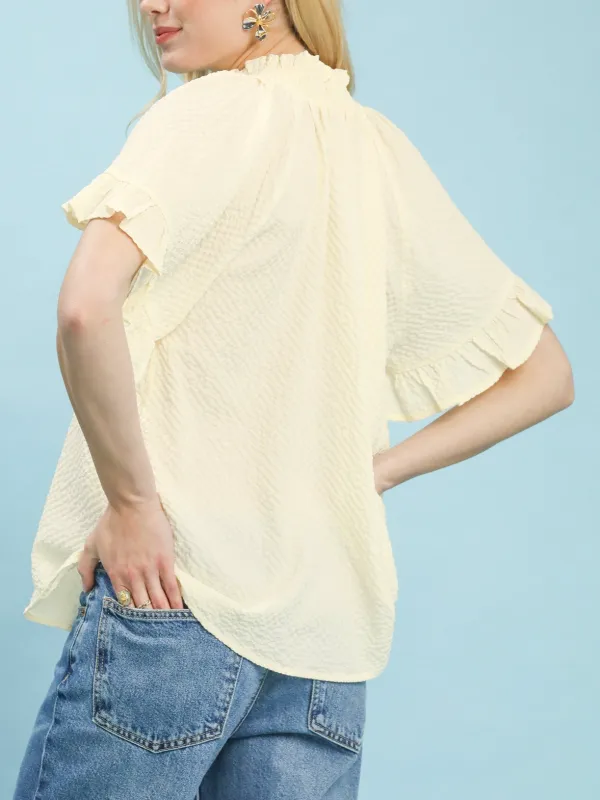 Polyester Textured Ruffle Sleeve Blouse