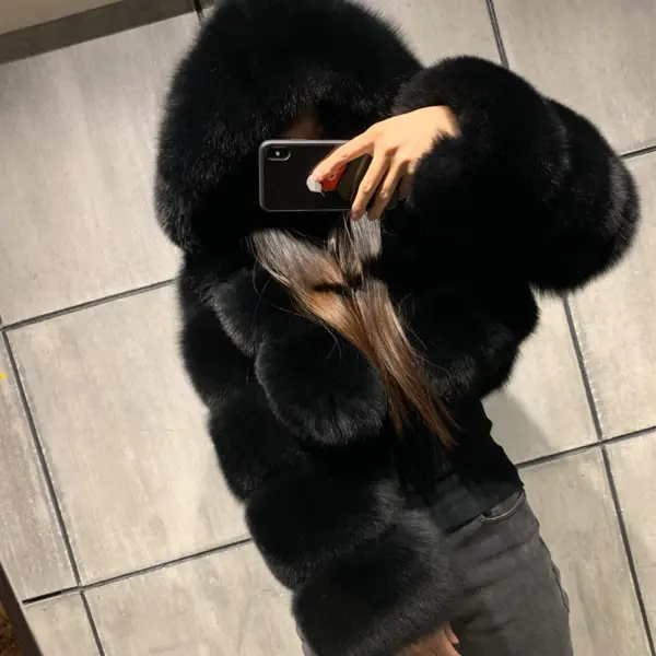 Black Faux Fur Coat Women with Hood Cropped Bubble Coats Fleece Short Warm Jackets Plus Size Winter Coats for Women