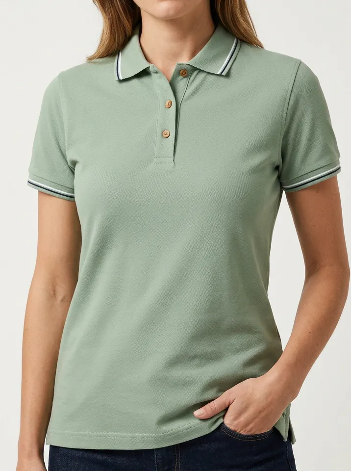 Women's Sage Green Striped Collar Casual Polo Shirt