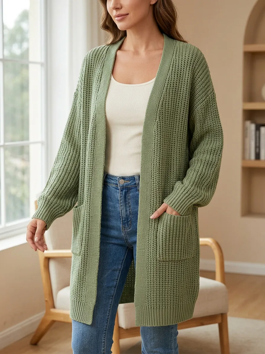 Women's Waffle Knit Open-Front Long Cardigan