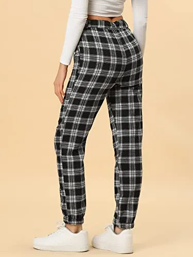 Women's Plaid Sweatpants Casual Tapered Tie High Waisted Tartan Pants with Pockets