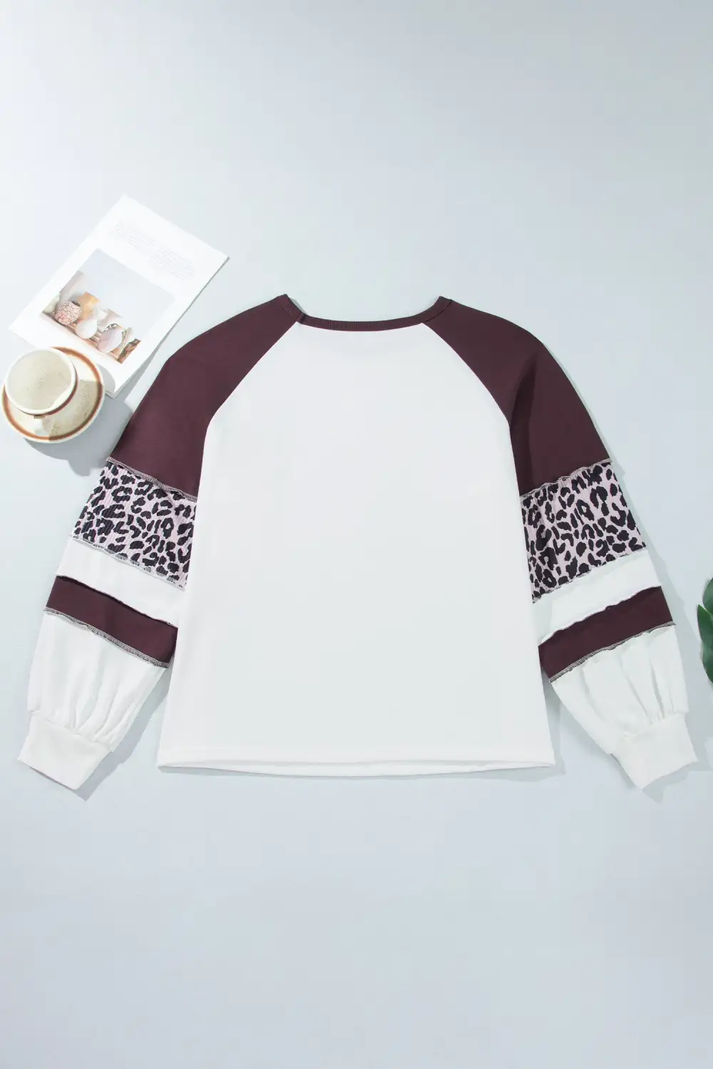 Leopard Print Round Neck Relaxed Cotton Blend Long Sleeve Top