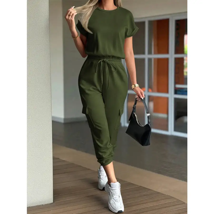 Round Neck Short Sleeve Top and Pants Set