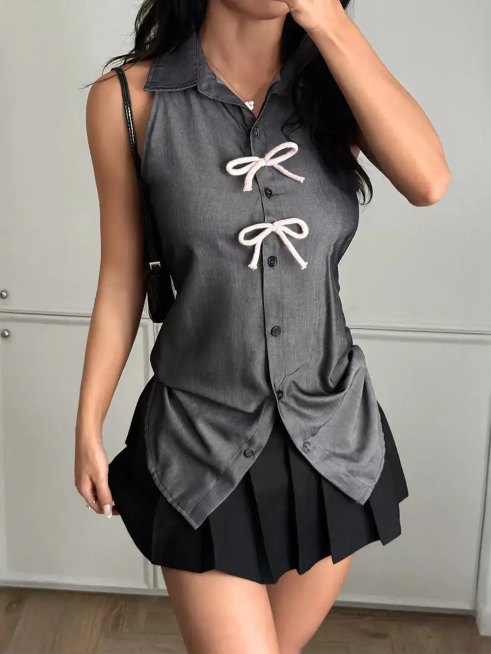 Button Down Sleeveless Shirt with Bowknot