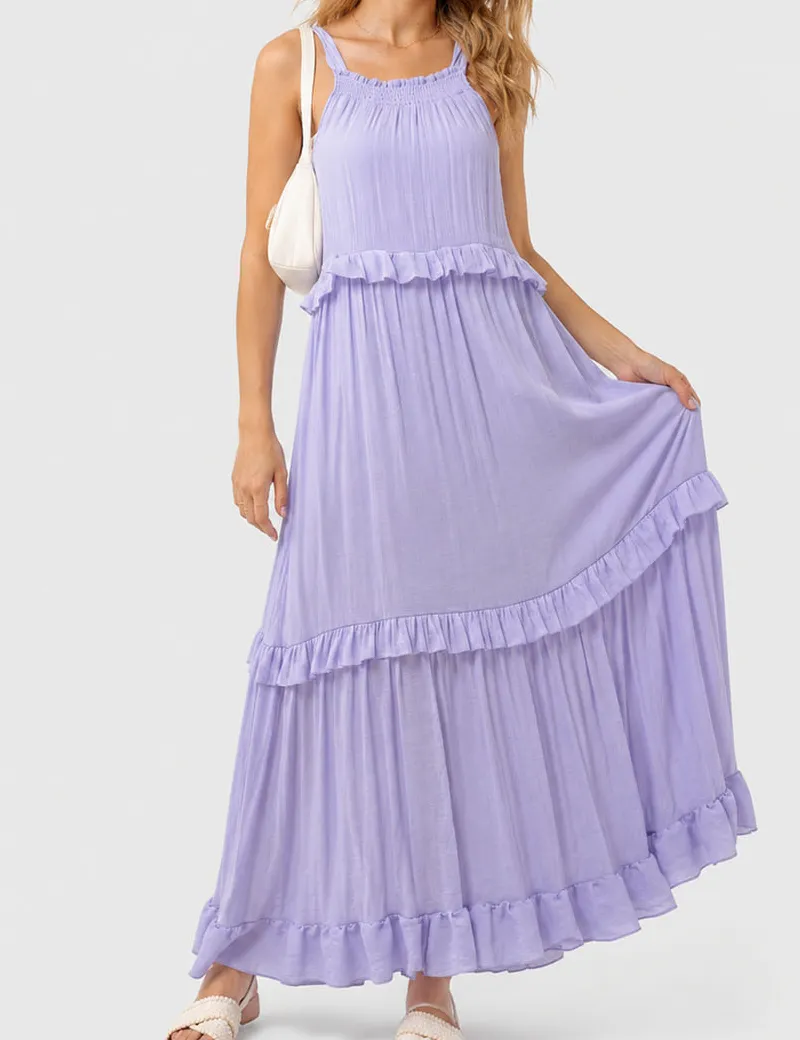 Boho Ruffle Tiered Hem Sleeveless Solid Color Maxi Dress