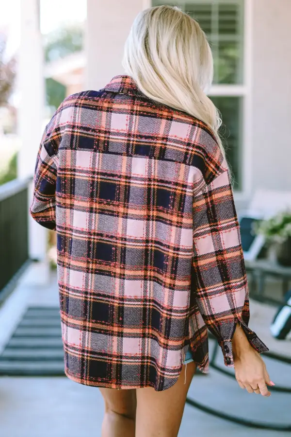 Oversized Flap Pockets Plaid Shirt Jacket With