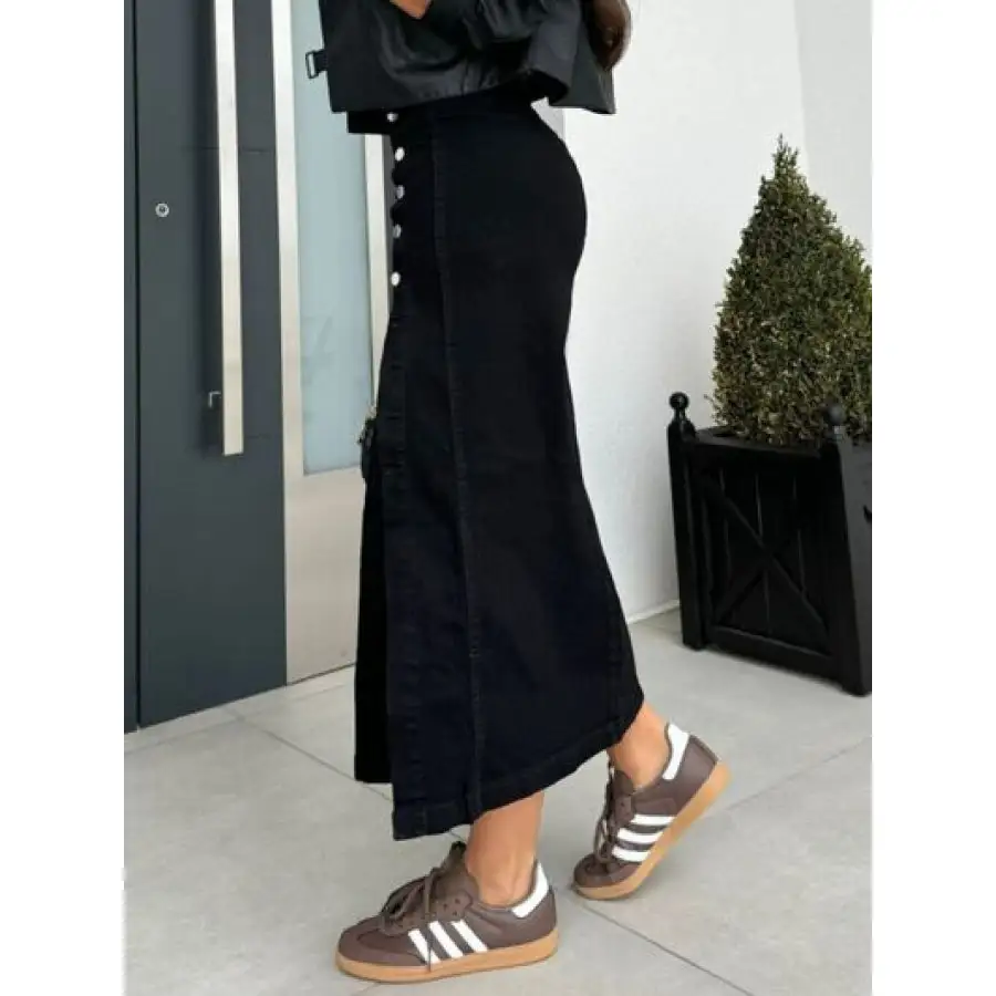 Front Button Slit Midi Denim Skirt