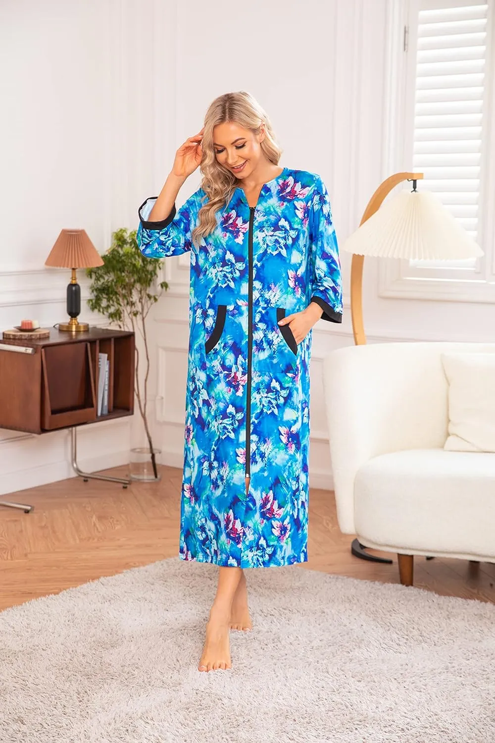 50% OFF Women Zipper Robe 3/4 Sleeves Loungewear Dress Full Length Sleepwear Pockets Housecoat Nightgown Long Bathrobe