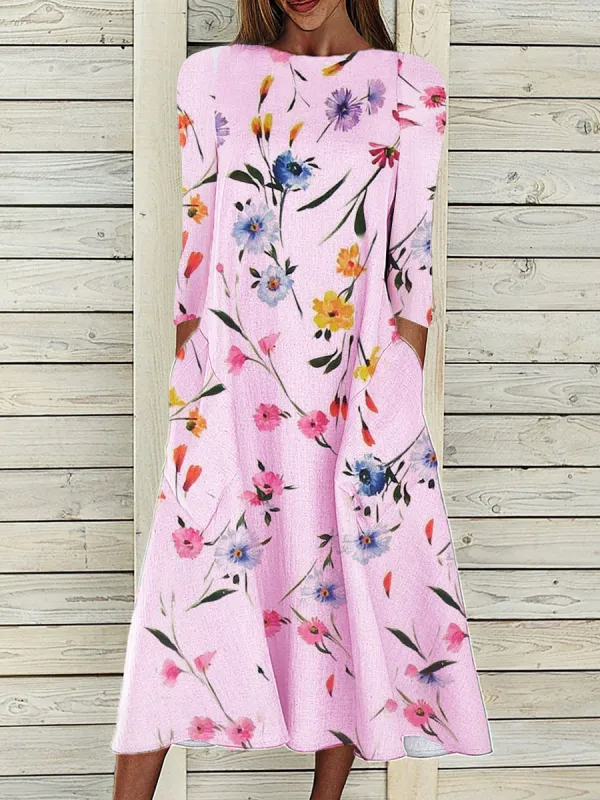 Round Neck Casual Loose Floral Print Long Sleeve Midi Dress