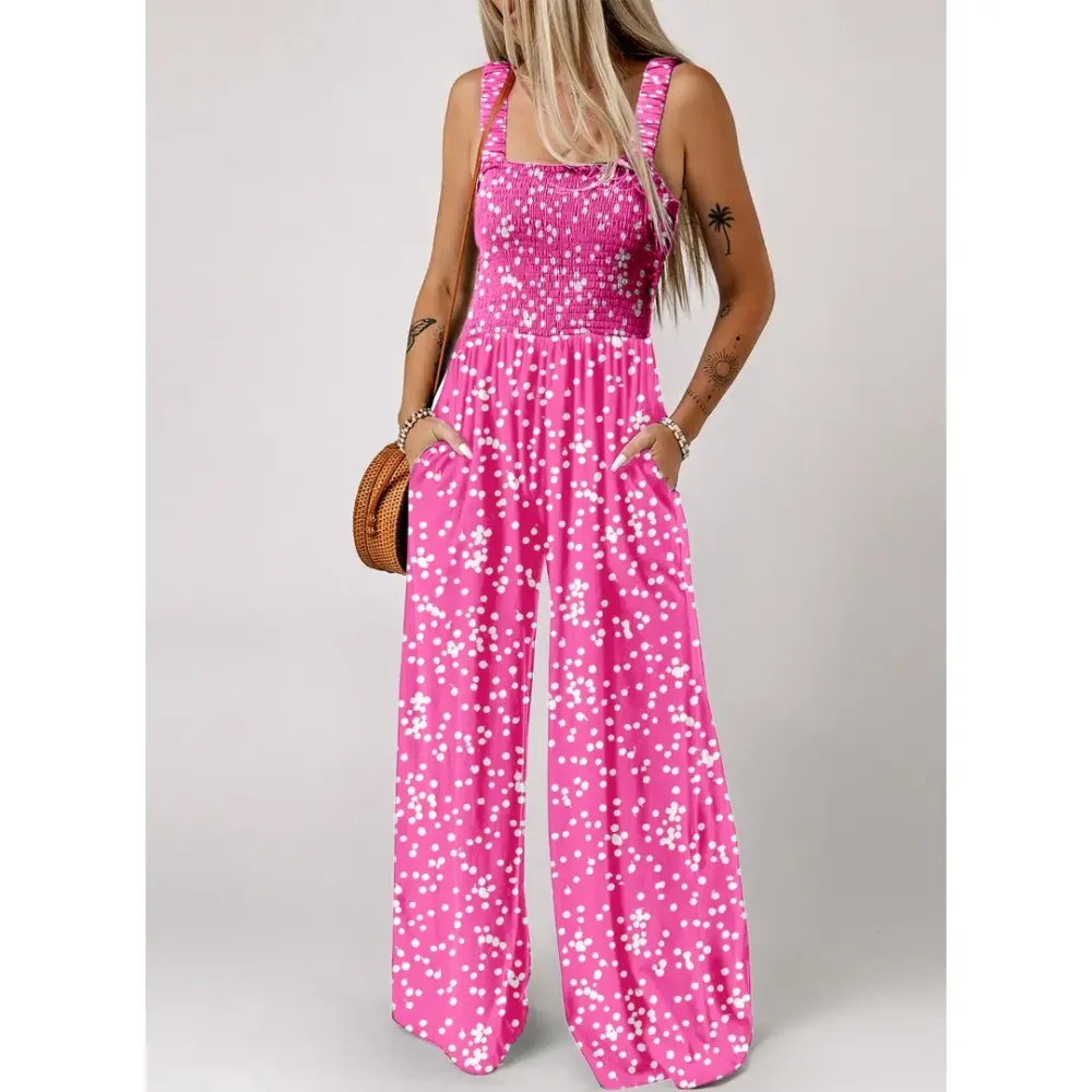 Women's Casual Loose Overalls Jumpsuits One Piece Sleeveless Printed Wide Leg Long Pant Rompers With Pockets Bohemian Womenswear