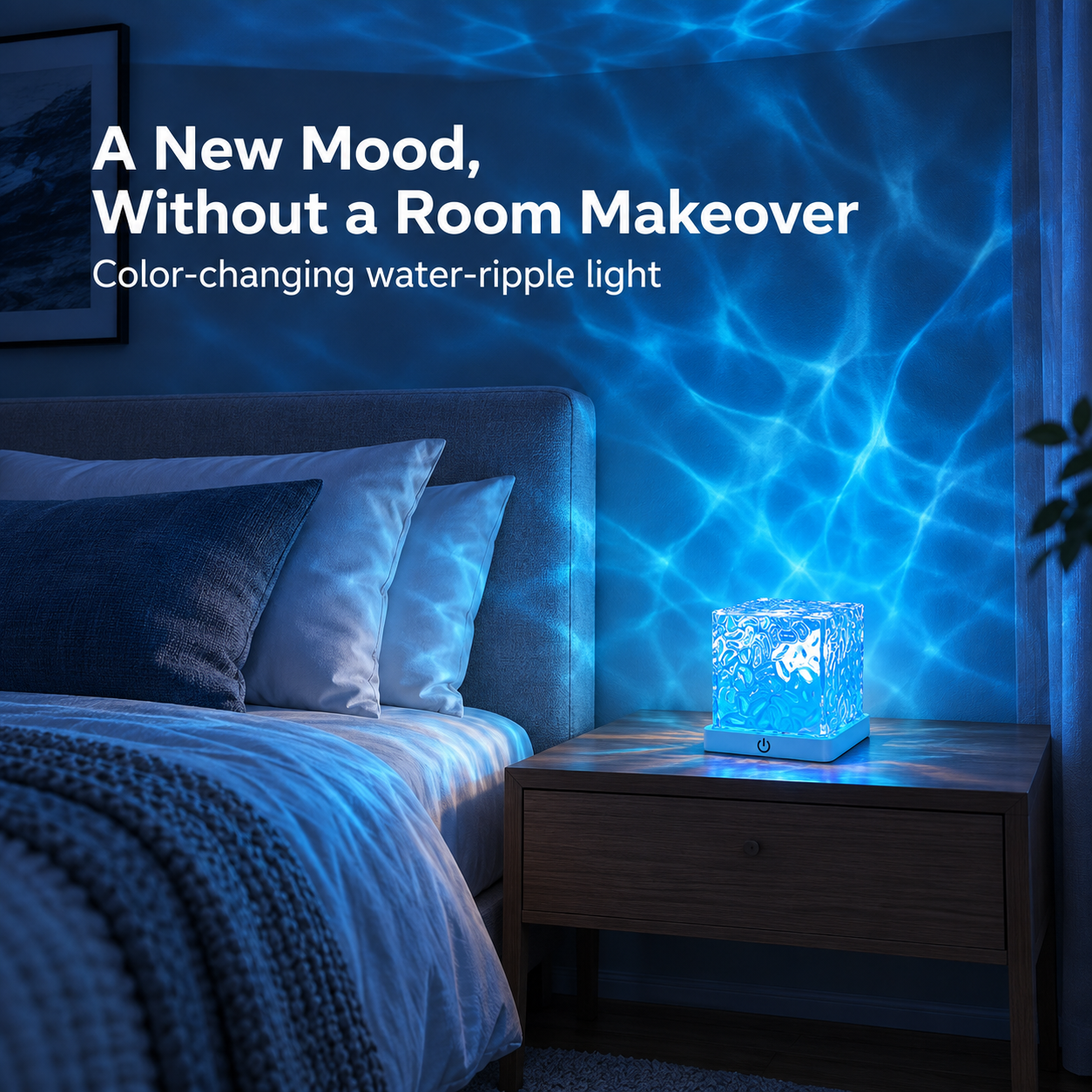 Small water-ripple projector placed on a bedroom side table