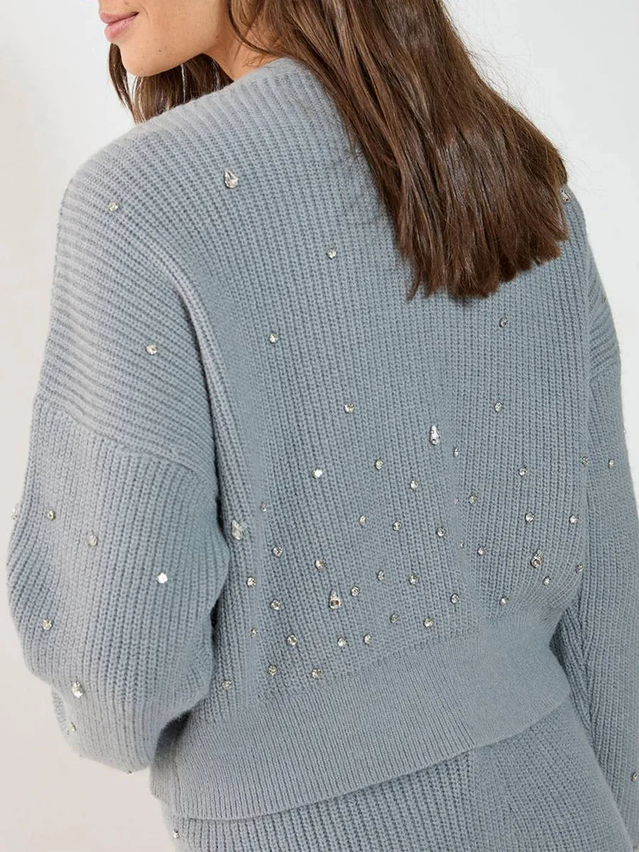 Lady'S Exquisite Diamond-Encrusted Knitted Cardigan
