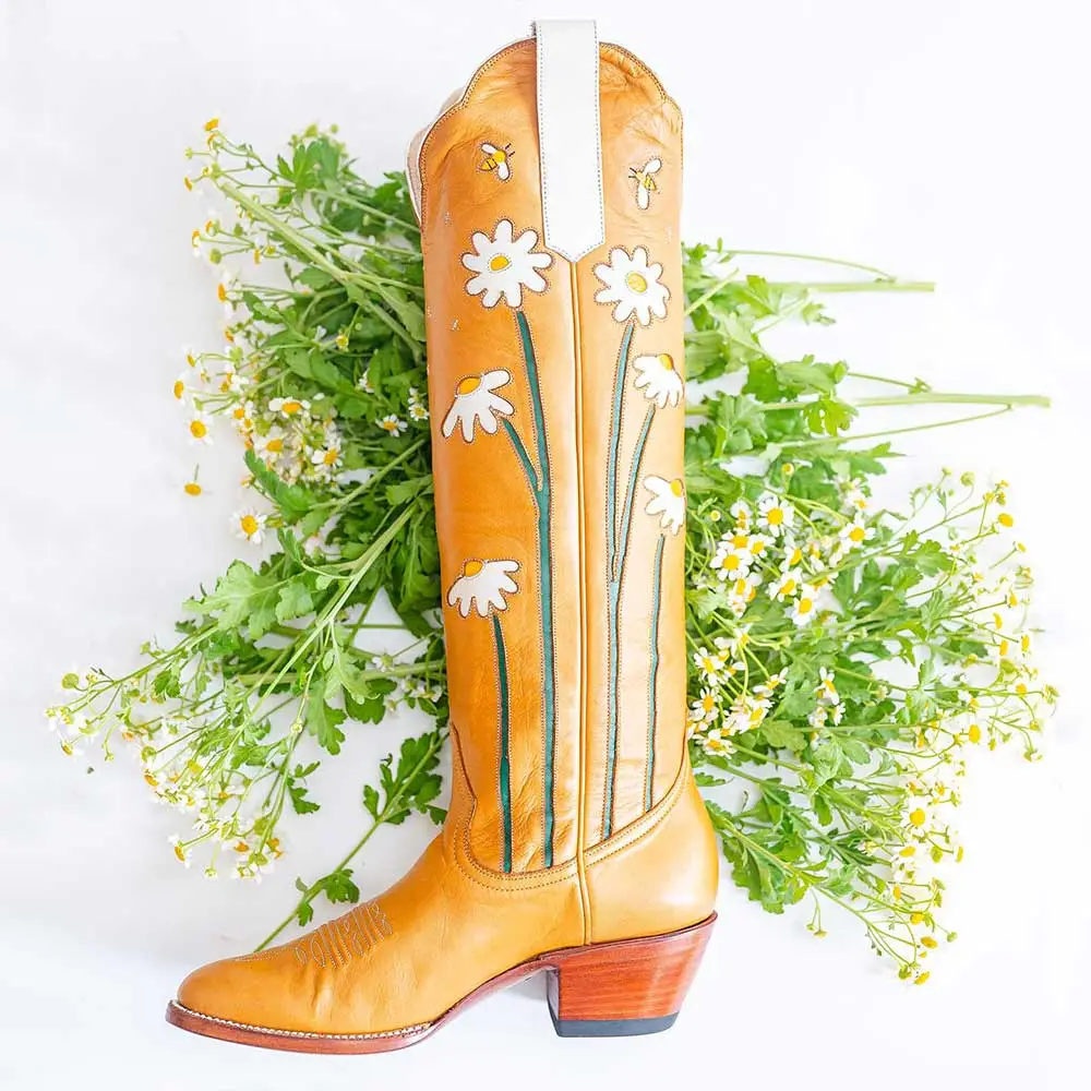 Faux-Leather Floral Chunky-Heel Platform Mid-Calf Boots