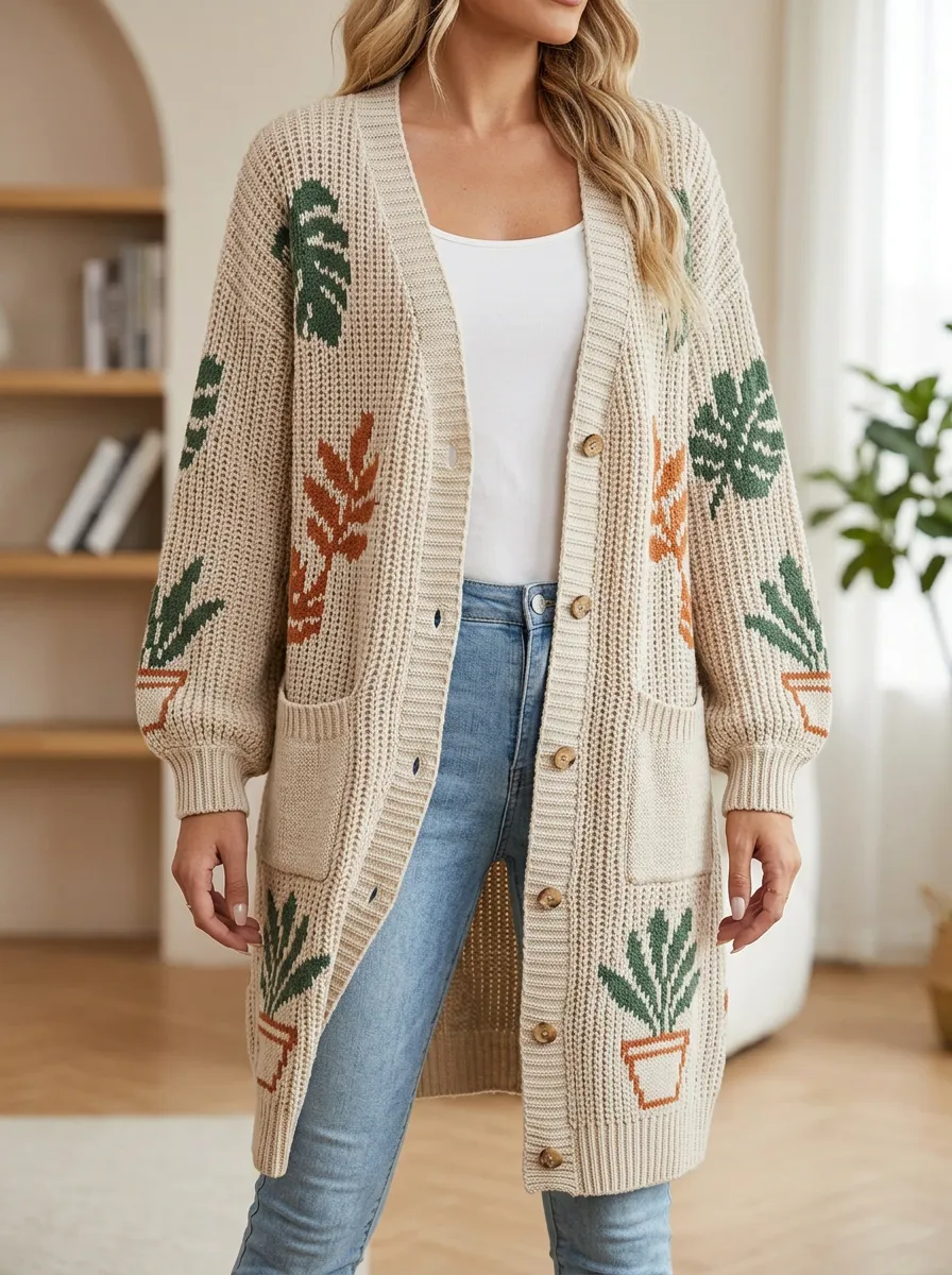Women's Plant Potted Monstera Leaf Print Knit Long Cardigan