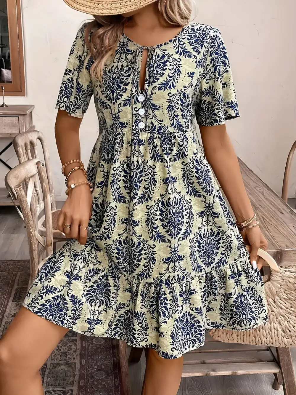Boho-Print V-Neck Loose Fitting Mini Dress