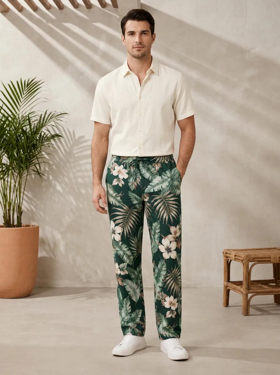 Men's Lush Printed Hibiscus Leaf Pants