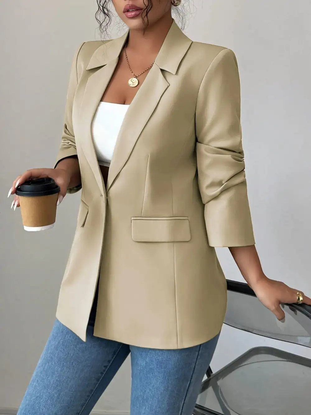 Streamlined Single-Button Lapel-Collar Blazer