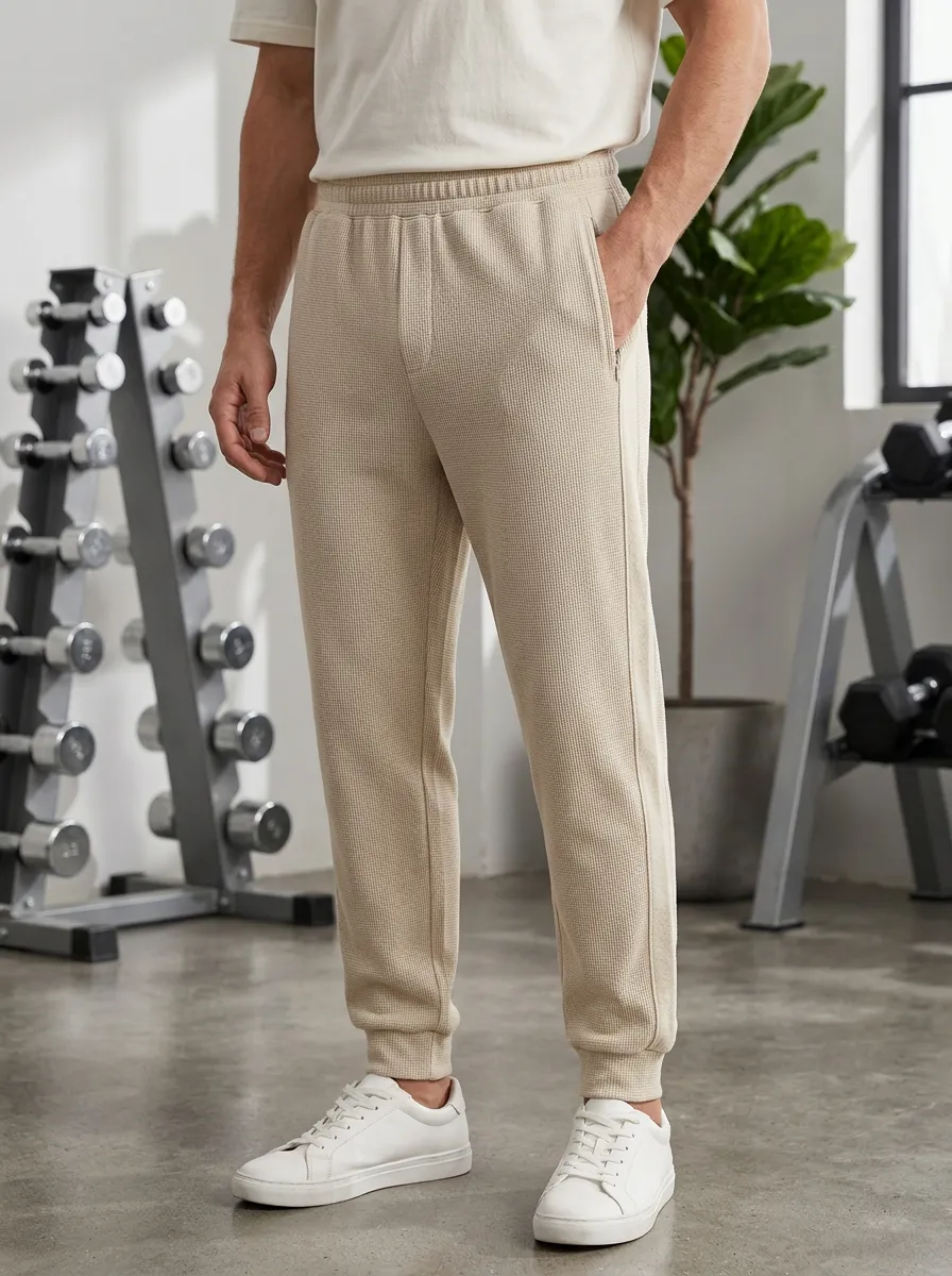 Men's Athletic Waffle Knit Beige Jogger Pants