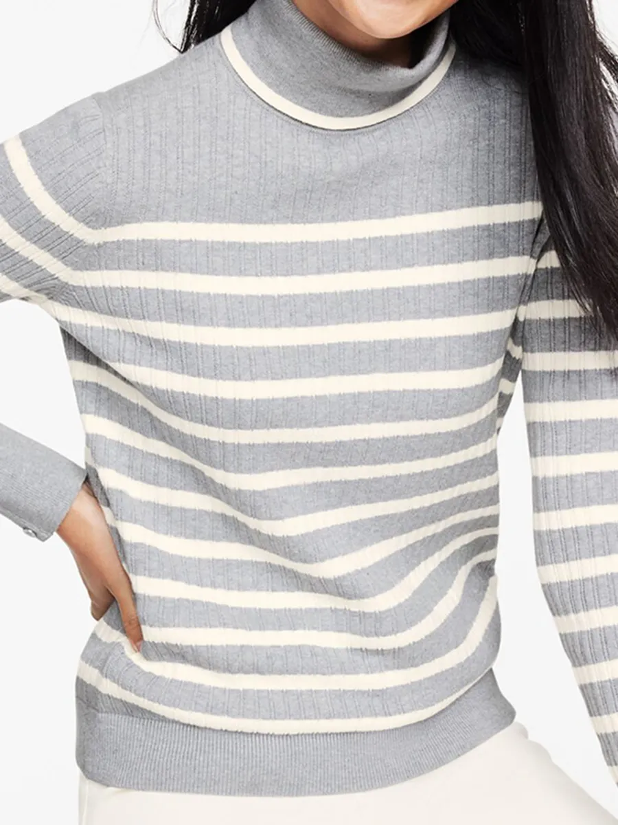 Women'S Stylish Striped Ribbed High Neck Knitted Sweater
