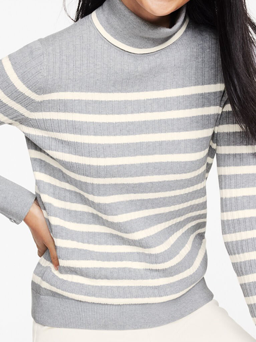 Women'S Stylish Striped Ribbed High Neck Knitted Sweater