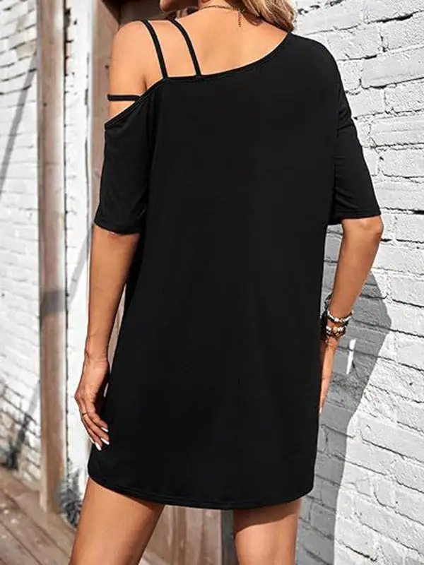 Relaxed Short Sleeve Asymmetric Solid Color One Shoulder Mini Dress