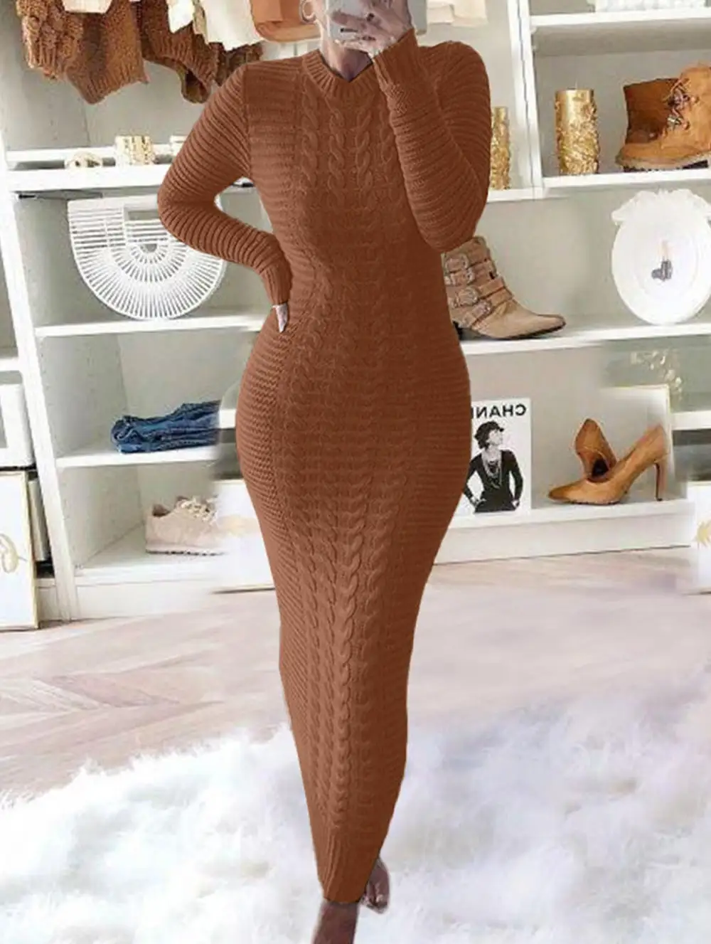 Cable Knit Long-Sleeved Wool Dress