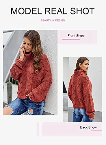Womens 2025 Winter Fall Solid Turtleneck High Neck BalloonLong Sleeve Sweaters Pullover Outerwear