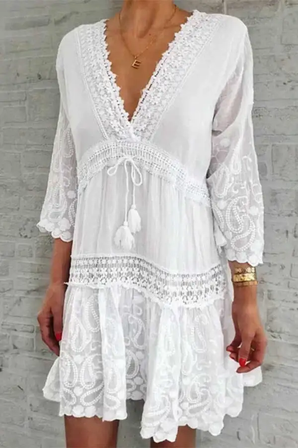 V-neck Printed Three-quarter Sleeve Cutout Mini Dress