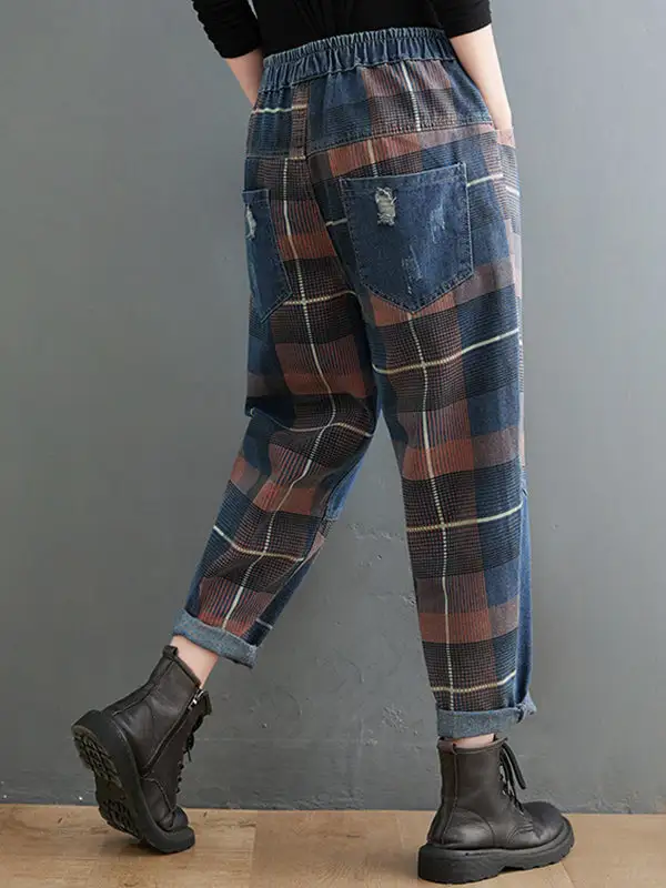 Artistic Retro Plaid Relaxed Fit Harem Elastic Waist Jeans