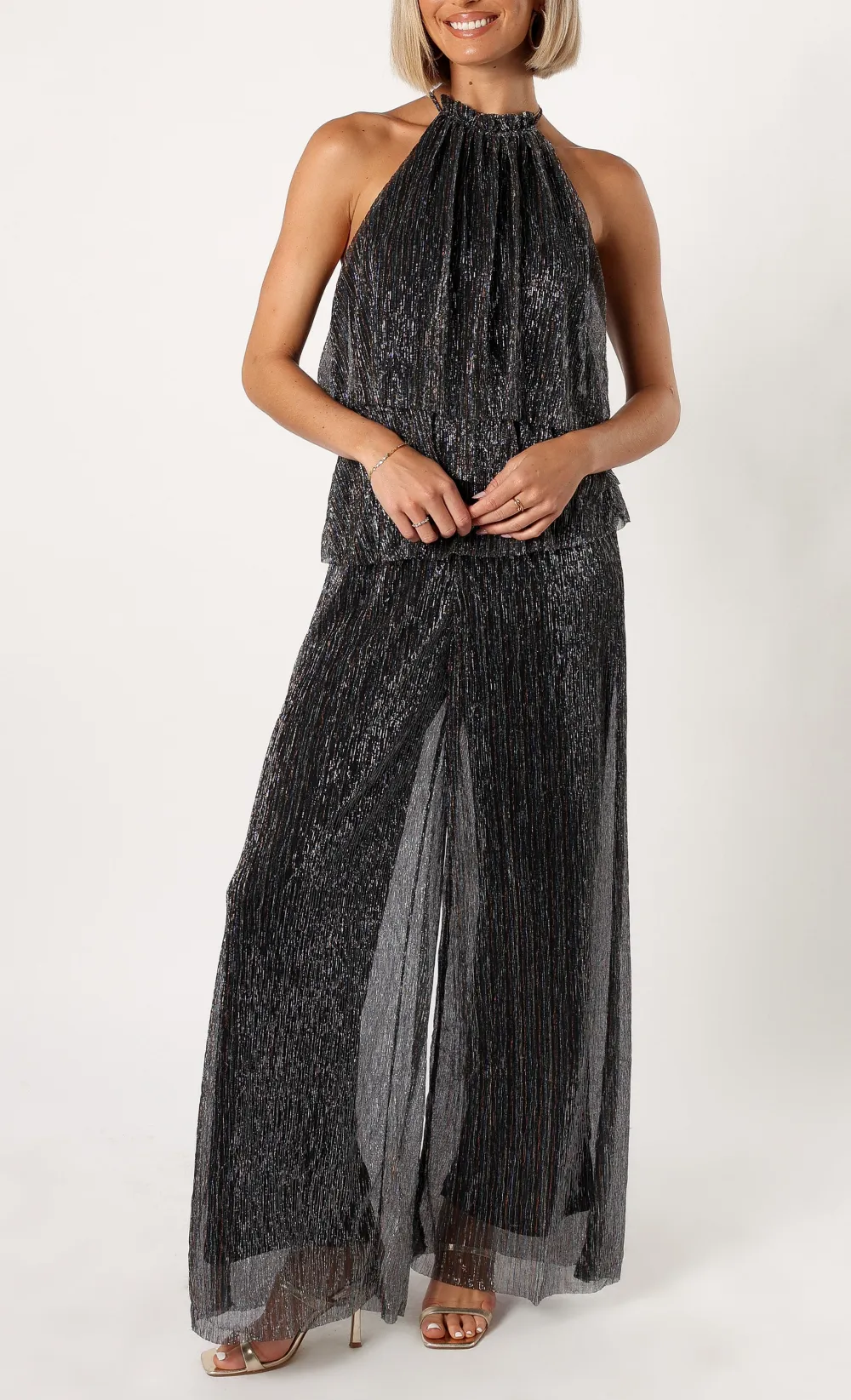 Halter Wide-Leg Tiered Sleeveless Maxi Jumpsuit