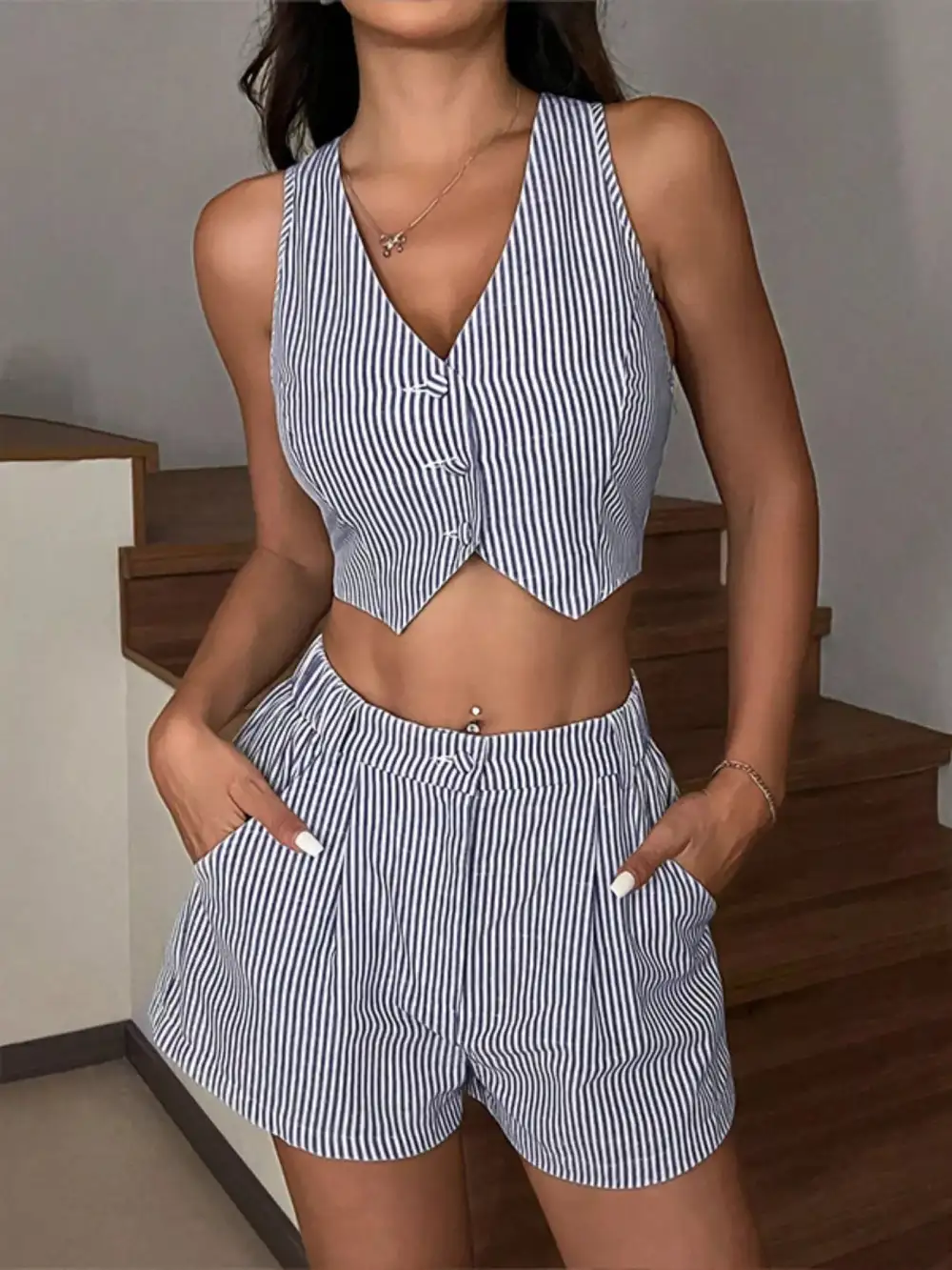 Striped Vest and Shorts Two Piece Set