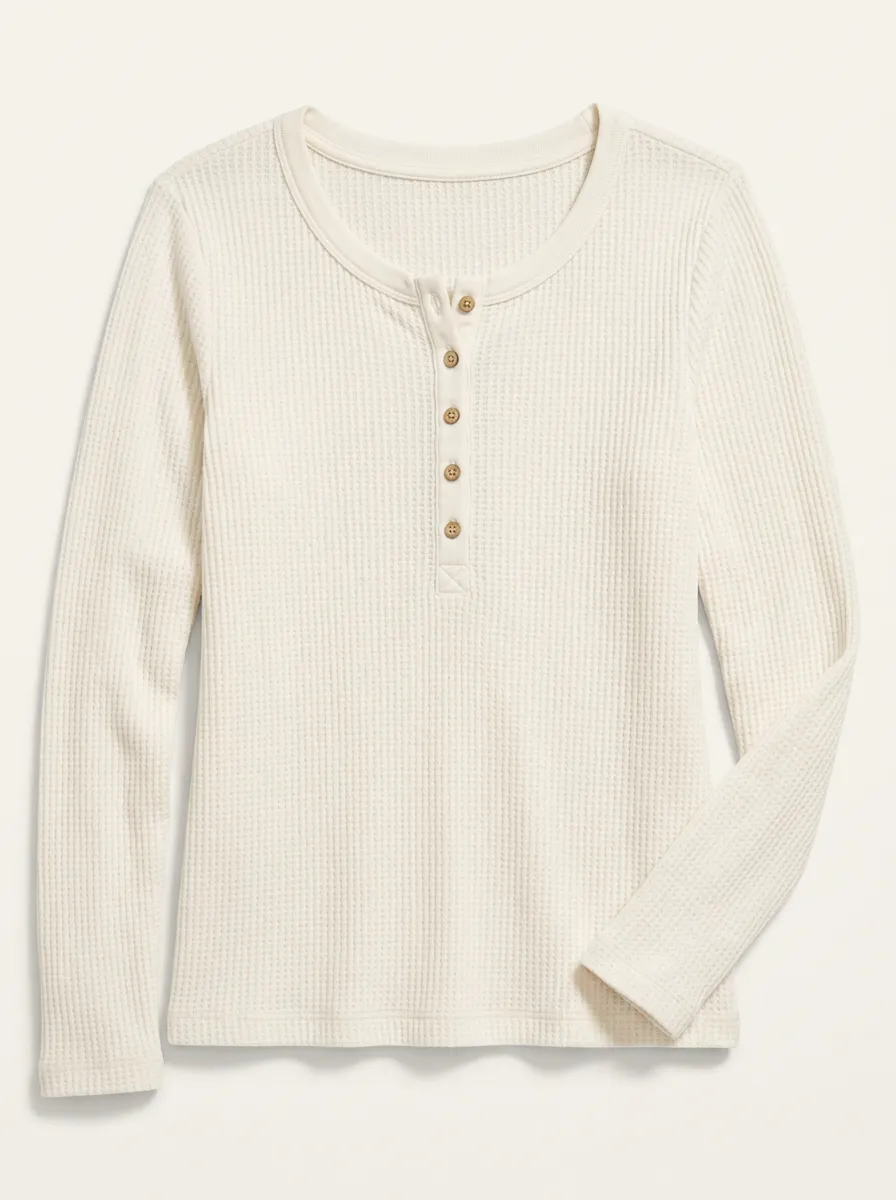 Women's Cream Waffle Knit Button-Front Henley Top