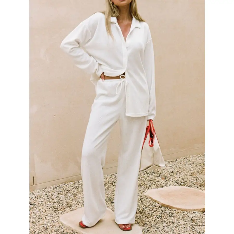 Collared Neck Long Sleeve Top and Drawstring Pants Set
