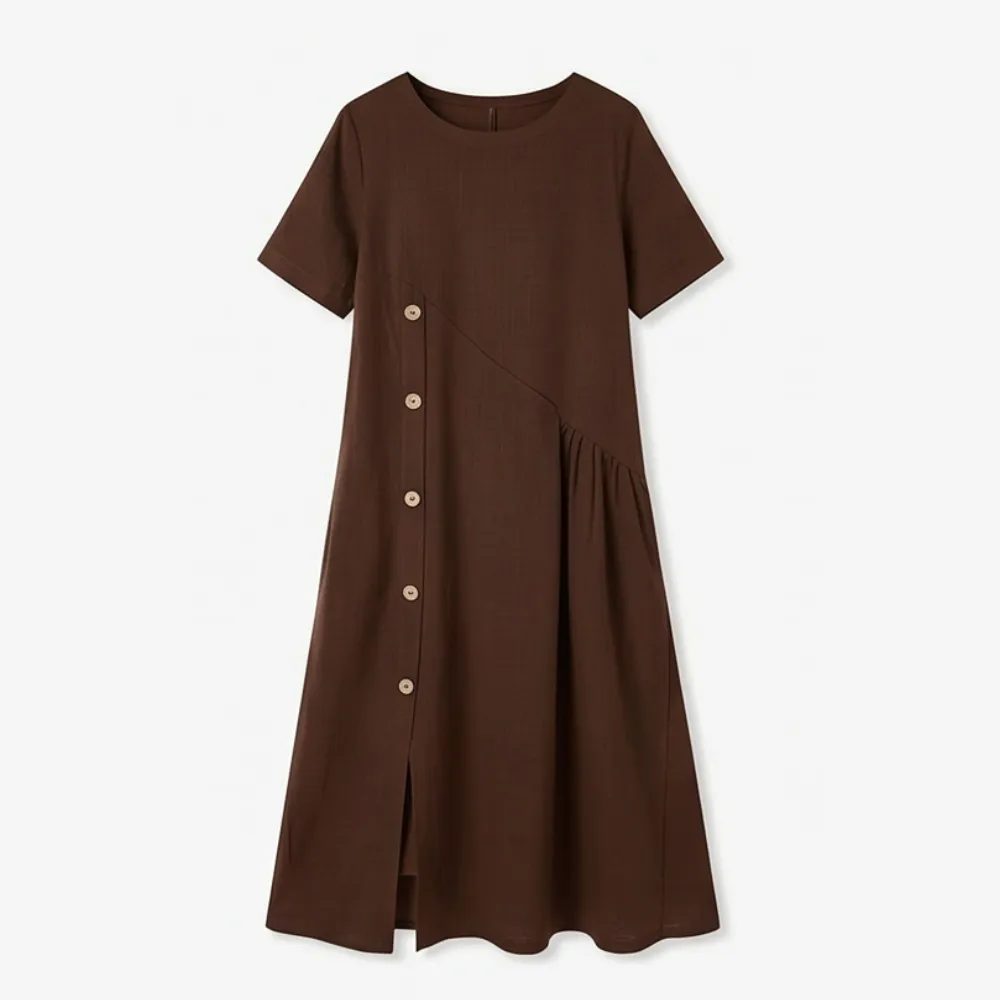 Button Front Linen Blend Cotton Blend Midi Dress