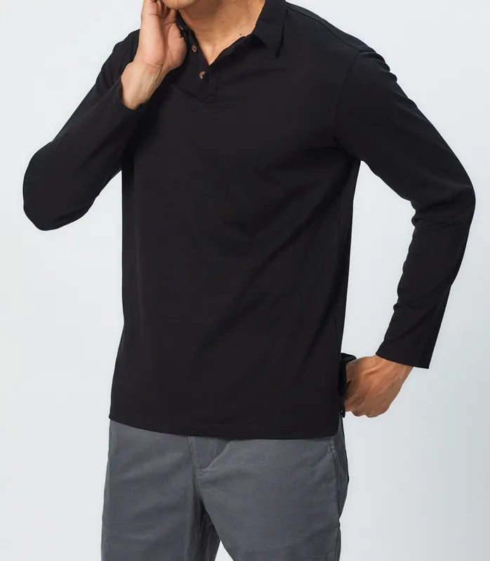 Black Long Sleeve Cotton Polo Shirt