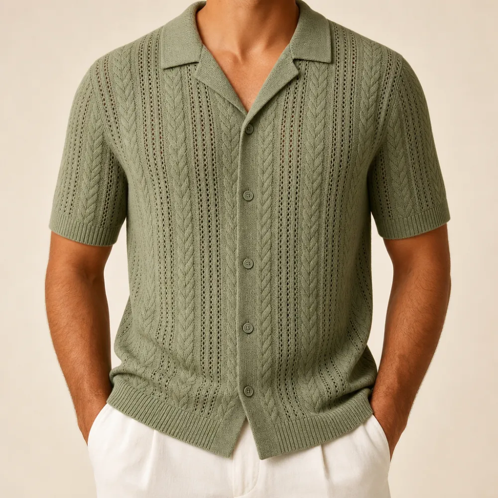 Men’s Open-Knit Short Sleeve Button-Up Shirt