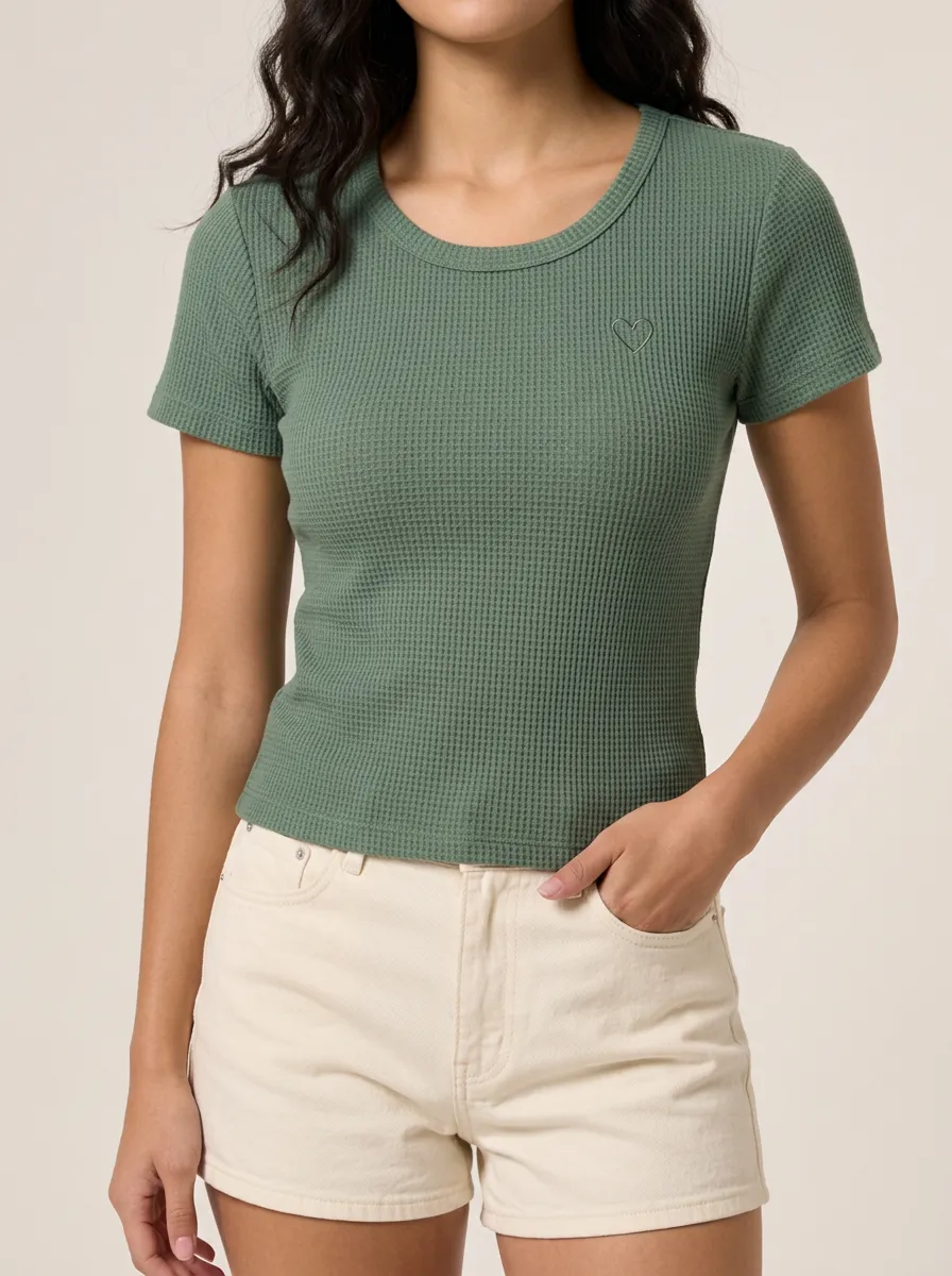 Women's Minimalist Heart Embroidered Waffle Knit Top