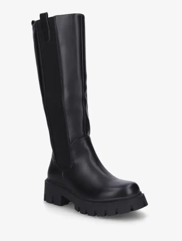 Urban Stretch Panel Block Heel Faux Leather Knee High Boots