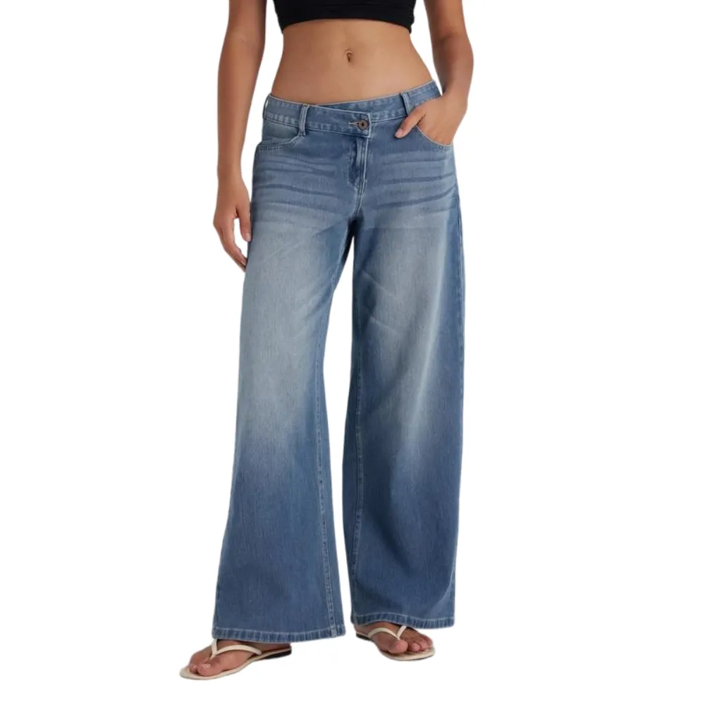 Asymmetric Low Rise Zipper Pockets Baggy Wide Leg Washed Casual Jeans
