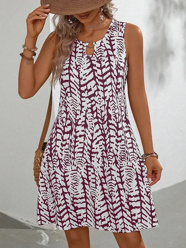 A Line Relaxed Hollow Printed U Neck Mini Dress