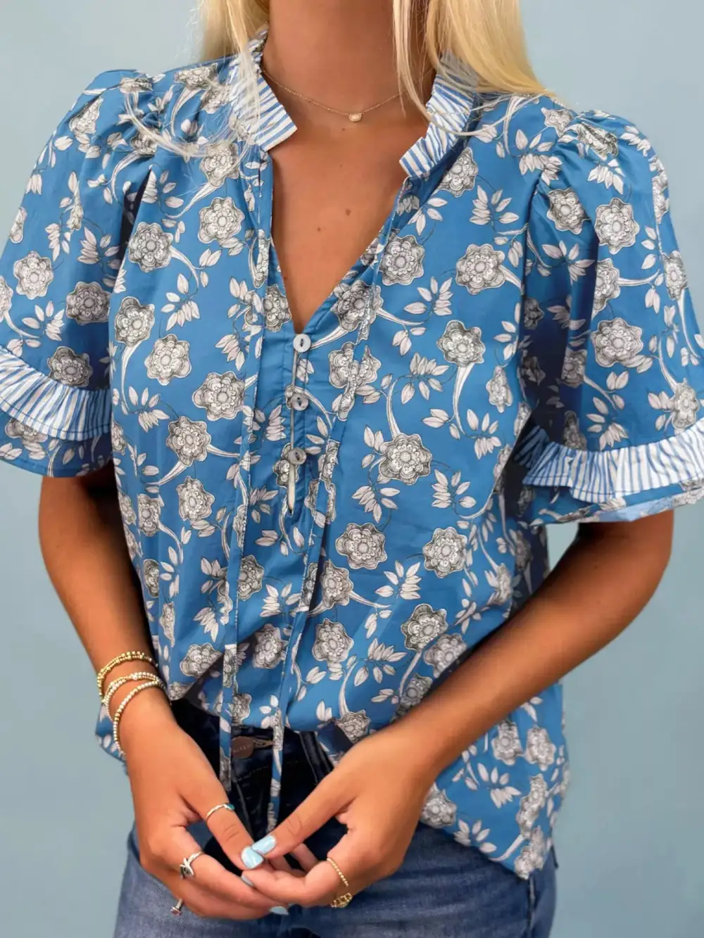 Relaxed Floral Print Ruffle Sleeve Blouse