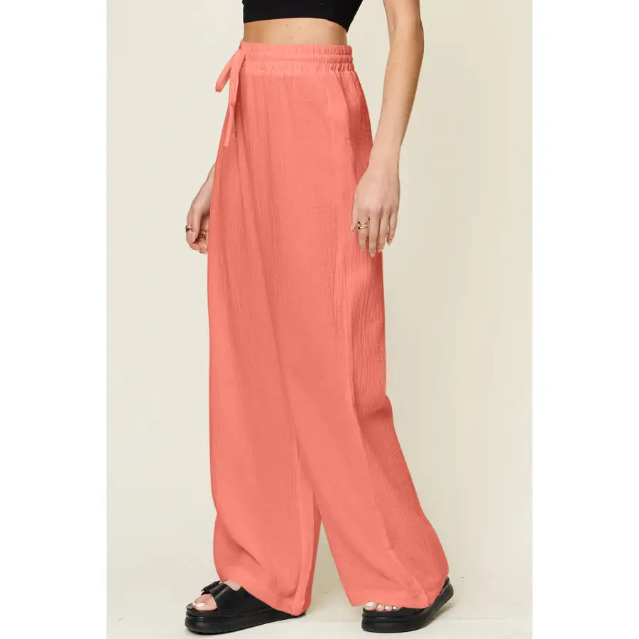 Full Size Texture Drawstring Wide Leg Pants